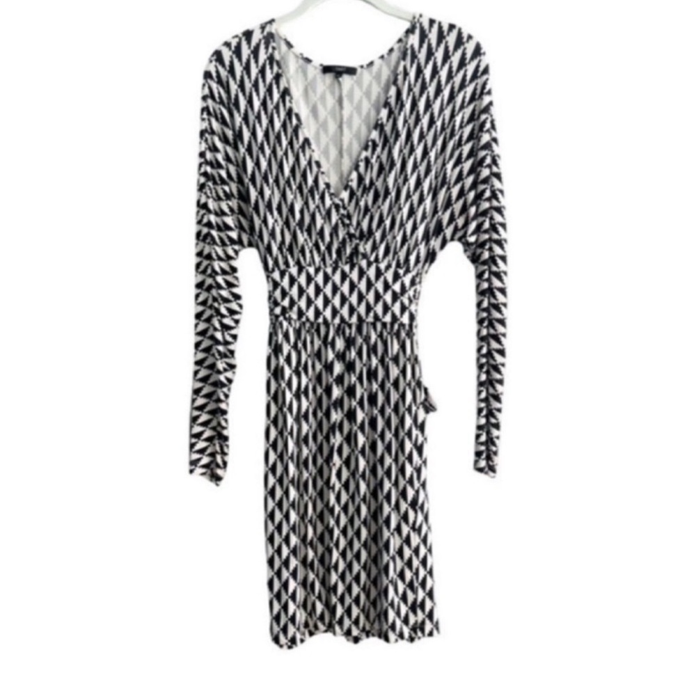 Tart Long Sleeve Dress Geometric Print Tie Waist Black White Size XS